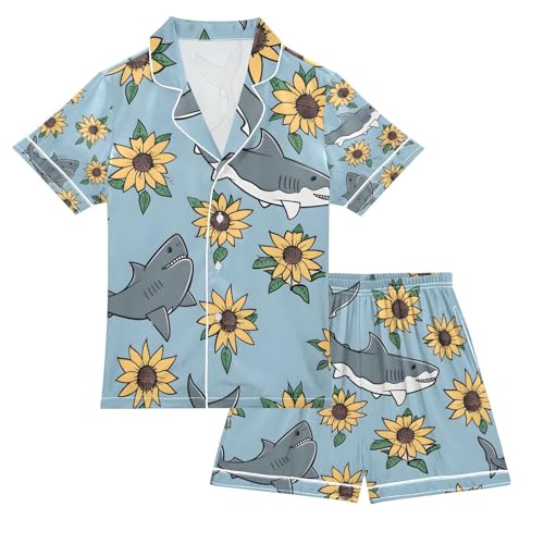 senya Shark and Sunflower Satin Summer Pajama Sets Silk Short Sleeve Button Down Sleepwear