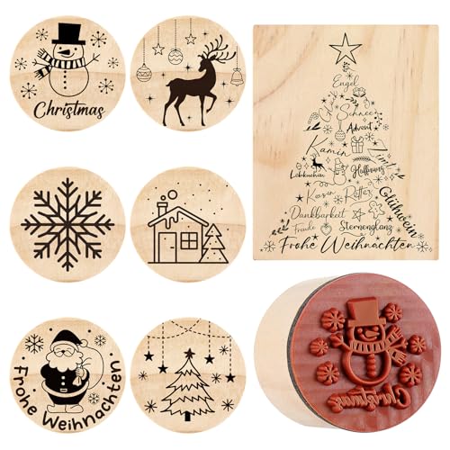 Nezyo 7 Piezas Juego de Sellos de Madera para Navidad Sellos de Mano con Motivos Feliz Navidad para Tarjetas Cartas Sobres Scrapbooking Calendario de Adviento Caja de Regalo Textiles DIY