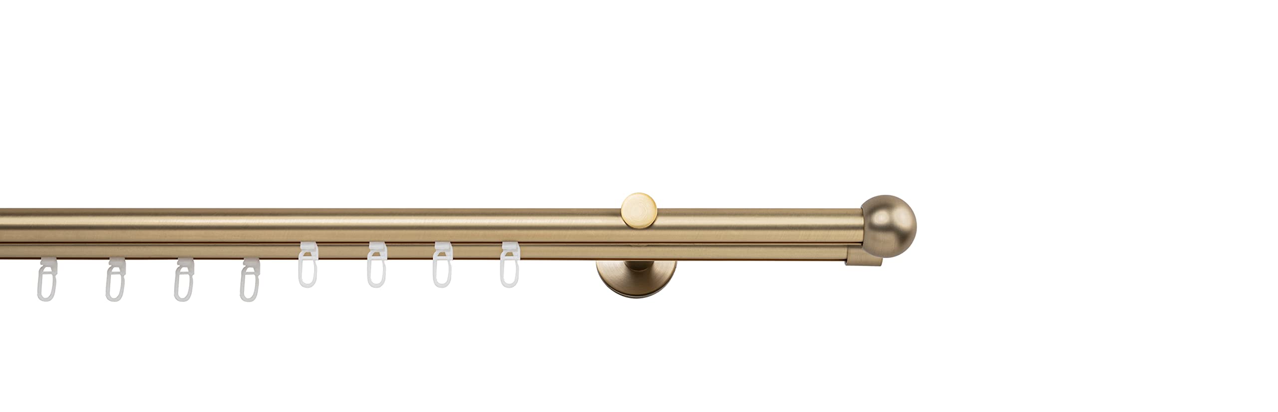 Tringle à rideaux sur mesure - Roulement intérieur de 20 mm - Boule à 2 voies - Supports muraux de 12 cm - Avec patins pour rideaux - Laiton mat - 240 cm
