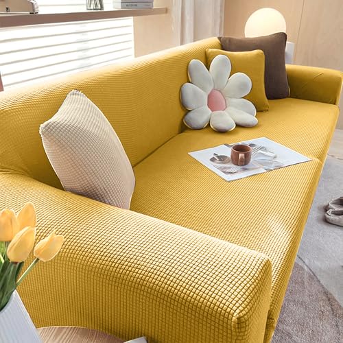 Housse de canapé jaune 1 place en polyester extensible moderne pour salon