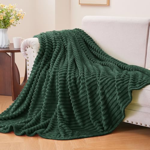 Image of BEDELITE Fleece Throw Blanket for Couch - 3D Ribbed Jacquard Soft and Warm Decorative Fuzzy Blanket - Cozy, Fluffy, Plush Lightweight Emerland Green Throw Blankets for Bed, Sofa, 50x60 inches