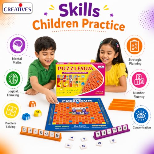 Image of Creative's Puzzlesum, Equation Scoring, Maths Board Games, 92 Number Tiles, 92 Equaliser Tiles, 4 Racks Colourful Board, Score Points by Making Equations, Educational Family Board Game Ages 8+