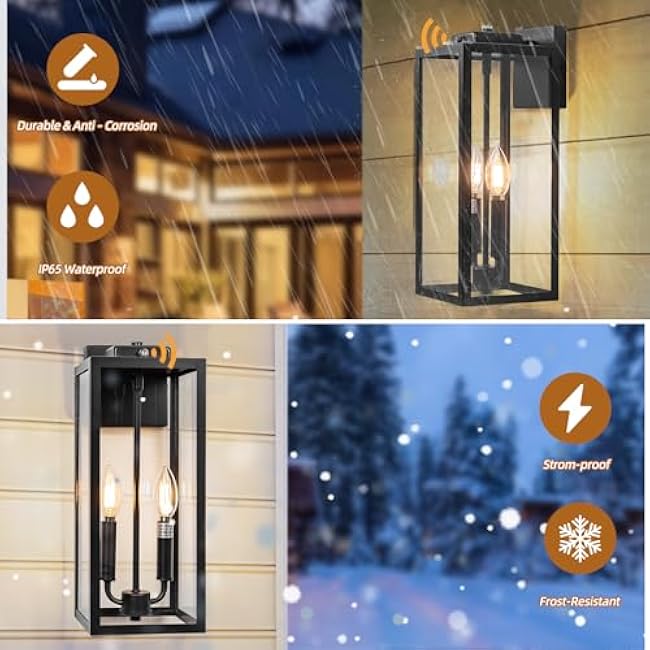 Dusk to Dawn Outdoor Light Fixture 2-Light, Large Outdoor Lantern 16¡± IP65 Waterproof Exterior Sconce with Photocell Sensor Outside Wall Light for House Front Porch Wall Mounted Lamp, E12