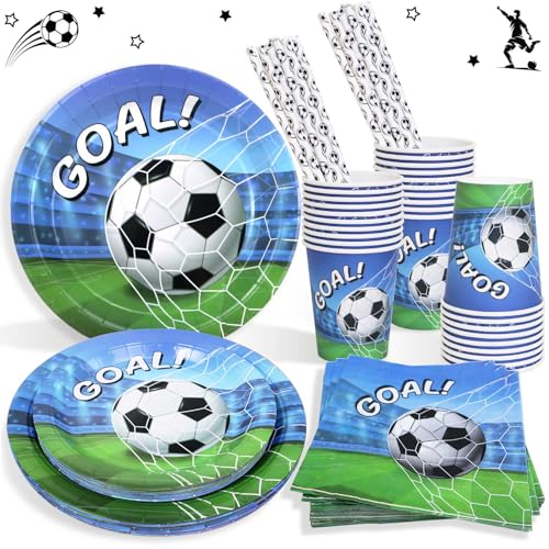 Heboland Decoration Assiette Anniversaire Foot Kit pour 25 Invités, Vaisselle Football Assiettes, Serviette,Pailles,Tasse pour Décorations Anniversaire Garçon