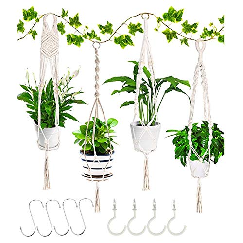 Makramee Blumenampel - 4er Set Hängetopf für Pflanzen, Boho Blumenampeln zum Aufhängen, Hängender Blumentopf mit 4 + 4 Aufhängehaken, Decken Pflanzenhalter für Pflanzen Blumentopf Heimdekoration Cover
