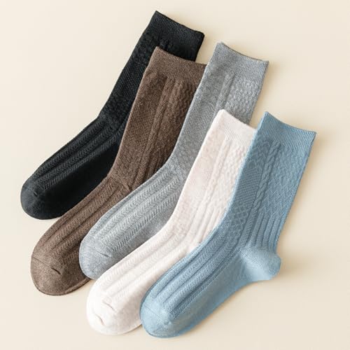 Image of Womens Crew Socks Soft Thick Comfort Casual Cotton Warm Knit Vintage Calf Winter Socks Gifts 5 Pack