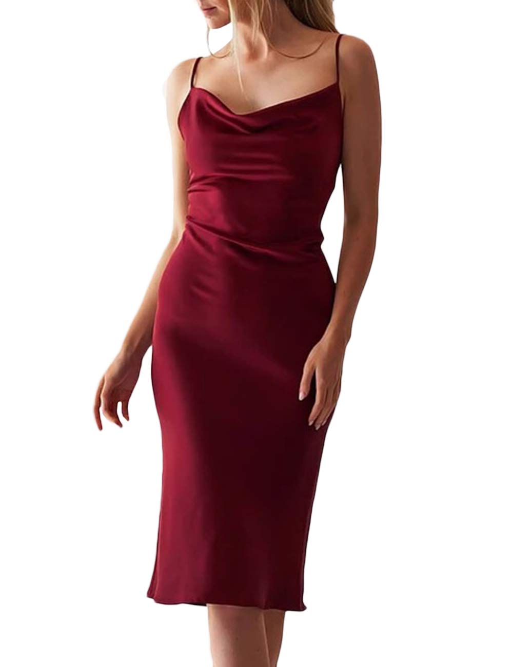 xxxiticat Vestido de mujer sin mangas con tirantes de satén, para cóctel, playa, noche, fiesta, cuello de vaca, midi