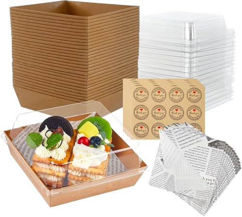 El Mejor Listado de Cajas para tartas los mejores 10. 42 POKYGO Paquete de 50 Cajas de Papel para Postres con Tapa Transparente,Recipientes Cuadrados Desechables de 5 Pulgadas con 50 Piezas de Papel a Prueba de Grasa y 60...