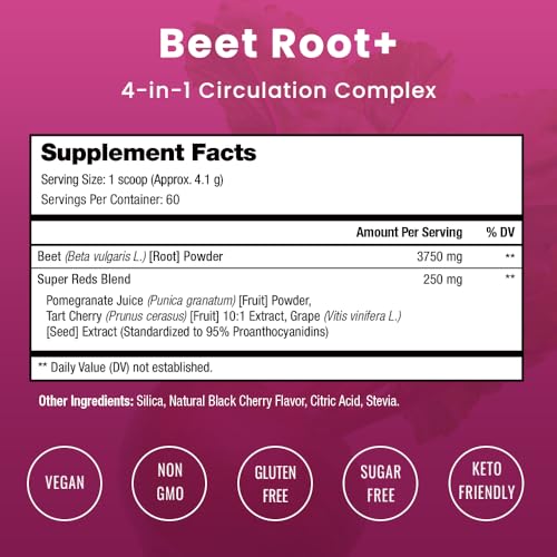 Image of NutraChamps Beet Root Powder Circulation Supplement, Superfood Powder Nitric Oxide with Beetroot Juice, Super Reds & Grape Seed Extract, No Sugar Beet Supplement - 8.74 Oz