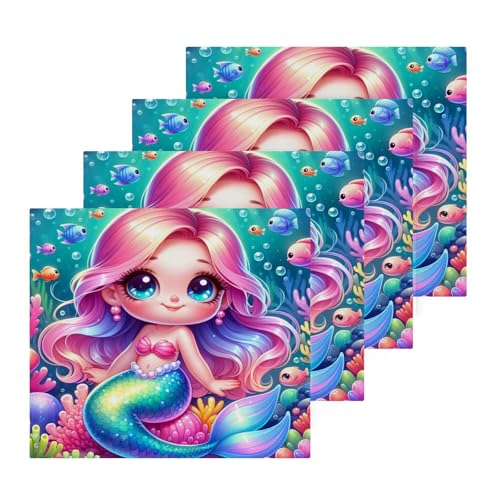 YANENDIE Cute Cartoon Mermaid Washcloths Towels, Highly Absorbent and Soft Cotton Face Cloths, 4 Pack Quick Dry Wash Cloths - 12 X 12 Inches