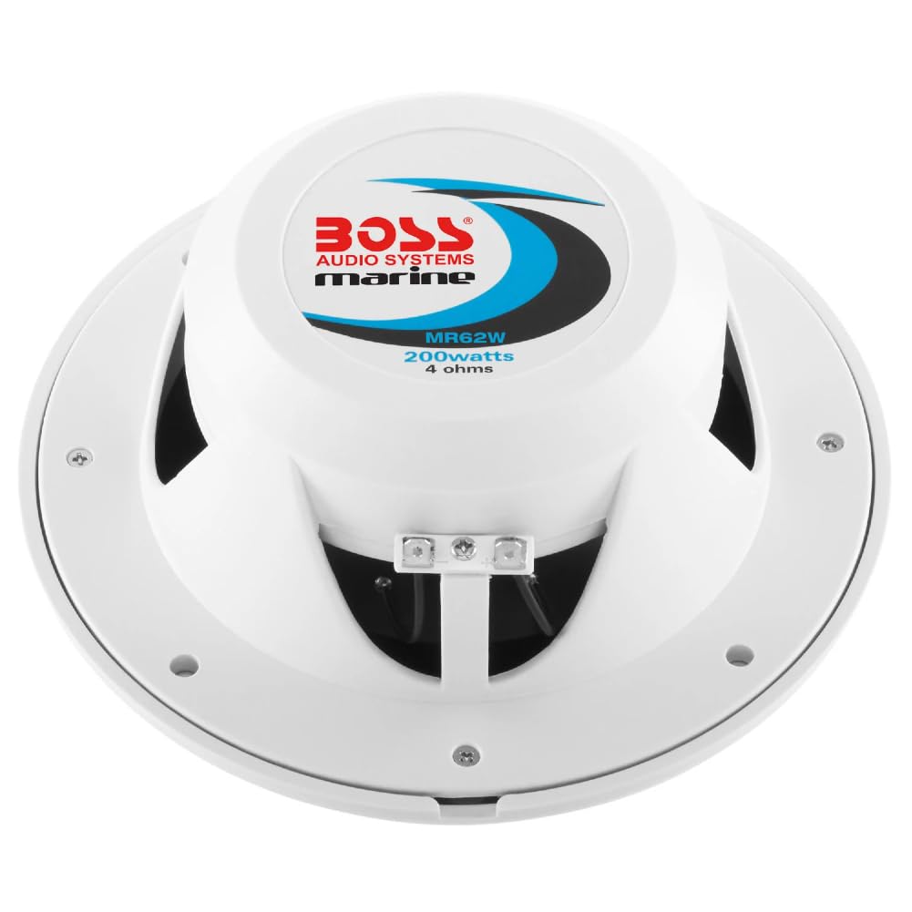 Kit Set para Boss Audio Systems MR62W 2 Altavoces Marinos Blancos de 2 vías 6,5" 16,5 cm, 100 vatios rms 200 vatios máx., Impermeables, para mar, Barco, por Pares + Juntas y Tornillos Gratis