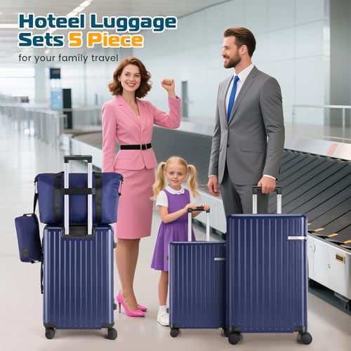 Image of Hoteel Luggage Sets 5 Piece (4-YEARS WARRANTY), ABS+PC Suitcases with Wheels and Side Hook, Hardshell 20 /24 /28 inch Luggage with Duffel Bag Travel Bag, Dark Blue