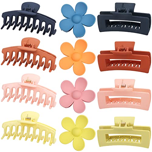 RVUEM 12 PCS Large Hair Claw Clips Flower Claw Hair Clips Rectangle Big Claw Clips for Women Girls, 3 Styles Non Slip Strong Hold Matte Jaw Clips 90's Hair Clamps for Thick Thin Hair (Charming Style)