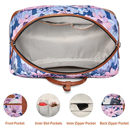 Image of Weekender Bag for Women, Large Overnight Bag Canvas Travel Duffel Bag Carry On Tote with Shoe Compartment 21 inch 3Pcs Set, A10-brown+blue flower, Large