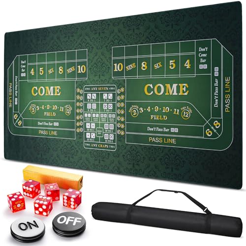 70 x 35 Craps Tabletop Mat Set with 5 Grade AAA 19mm Casino Dice & On/Off Button Crap Game Layout for Home Entertainment Non-Slip Water-Resistant Portable Crap Mat with Zippered Bag (70 X 35 IN)