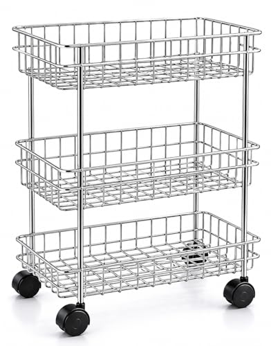 Image of Stainless Steel Modern Kitchen Storage Rack, Folding Perforated Design Trolley for Spice, Fruits, Vegetable, Onion, Potato, Organizer Stand with Wheel, 3 Layer Trolley