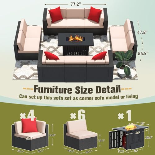 Image of Greesum Patio Furniture Sets 11-Pieces Outdoor PE Rattan Sectional Sofa w /43in Gas Fire Pit Table 55000 BTU Add Warmth to Gatherings Parties On Deck Garden Backyard,Beige