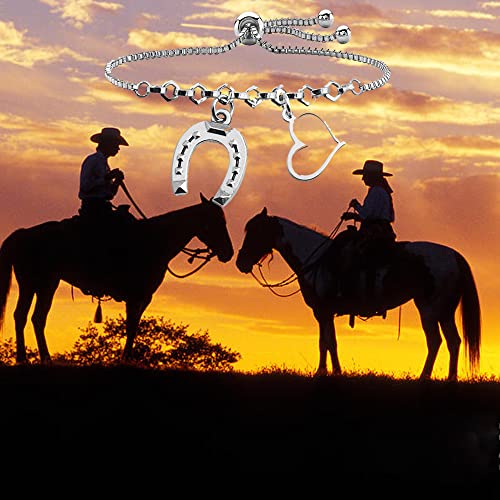 BAUNA Lucky Horseshoe Bracelets Love Heart Pendant Good Luck Horseshoe Charm Adjustable Link Bracelet for Cowgirl Horse Lover Gifts Equestrian Riding Gift4
