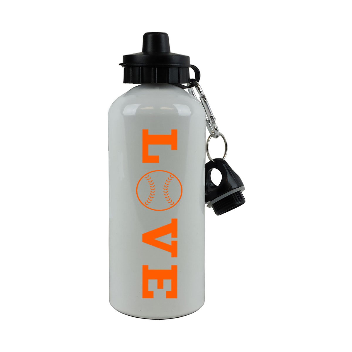 Love Baseball/Softball Sports Team Aluminium weiß Finish 20 Unze 600 ml Sport Wasser Flasche mit Karabiner, Orange