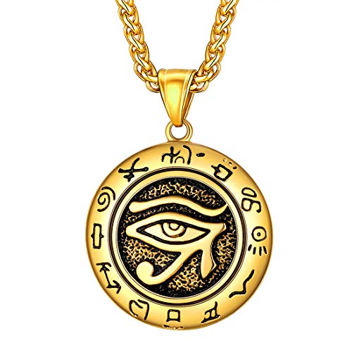 U7 Horus Necklaces for Men Women, Stainless Steel/Black/Gold Plated Ankh Cross Egyptian Symbol Jewelry, Eye of Horrus Pendant with 22 Inch Chain