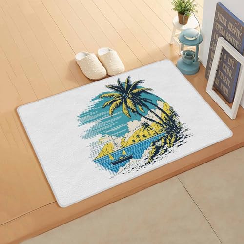 Coconut Tree Antifatigue Kitchen Bath Door Mat Cushioned Runner Rug,Washable Welcome Floor Sink Mat,Waterproof & Non-Slip Standing Doormat for Kitchen,Nautical Beach Sailboat Seaview Graffiti 18