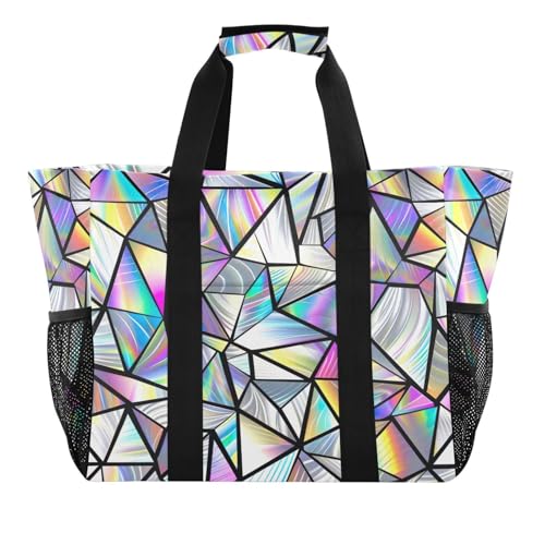 YETTASBIN Iridescent Triangles Large Foldable Travel Tote Bag, Lightweight Waterproof Swim Pool Bag with Handles & Pocket for Beach Outdoor, Reusable Grocery Bag for Kitchen, Shopping2