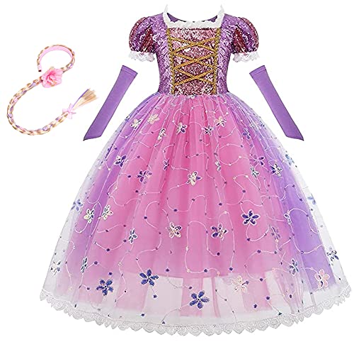 CinheyU Disfraz de Princesa Rapunzel para Niñas Vestidos de Sofia Cumpleaños Boda Fiesta Navidad Ceremonia Carnaval Halloween Cosplay Vestir con Peluca Trenzas 6-7 años
