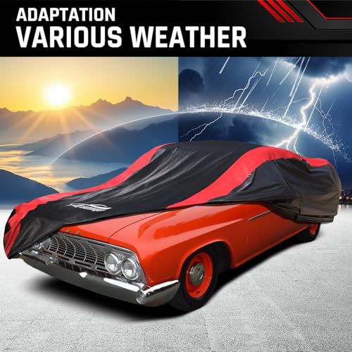 Image of Car Cover Custom Fit for Plymouth Fury 2-Door 4Door 1965-1972 & 1979-1989 | Red Strip Design, Cotton Liner for Paint Protection, Sun Rain Snow UV Proof, Door Zipper, Windproof Buckle, Storage Bag