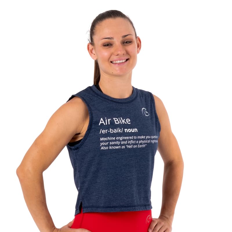Camiseta sin Mangas Mujer Ecoactive WOD Tank Air Bike Navy/White, Camiseta Deportiva Crop, Tejido Ecoactive, Back Loop, Costuras Planas, para Correr o Cross-Training