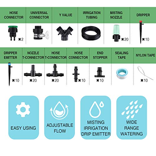 king do way 82Ft/25M Drip Irrigation Kits Garden Watering System with Y Valve,20 Misting Nozzles 10 Drip Emitters 10 Dripper DIY Mist Cooling Irrigation System for Greenhouse, Patio, Lawn