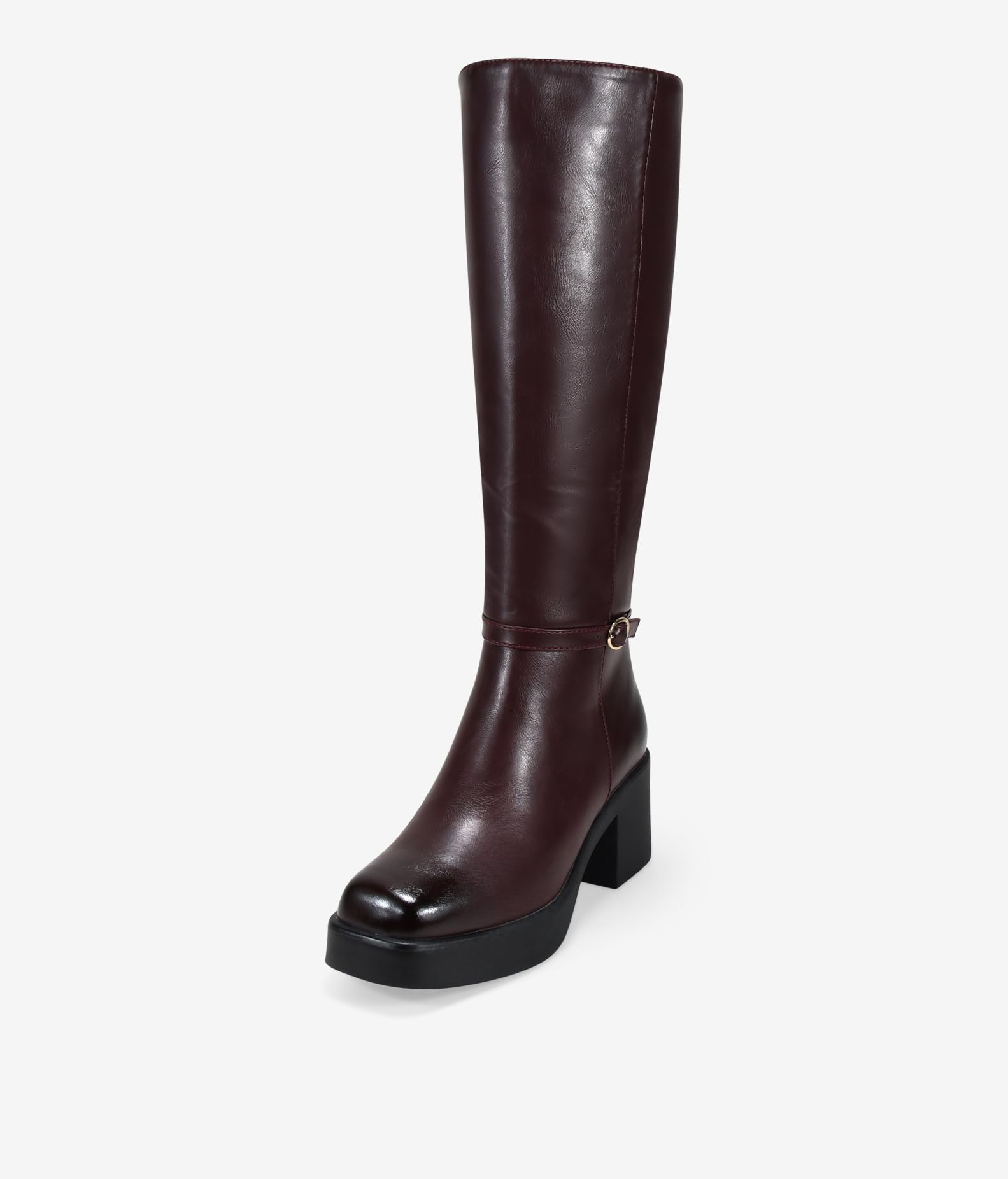 BOSANOVA Botas Altas con tacón con Tira Decorativa con Hebilla, Acabado Cuadrado y Suela de Plataforma de 2 cm con tacón Cuadrado de 6.5 cm. Cierre con Cremallera Interior. Calzado para Mujer