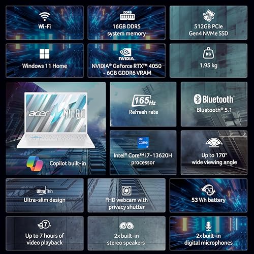 Image of acer Nitro Lite 16,Intel Core i7 13620H Processor,NVIDIA GeForce RTX 4050-6 GB GDDR6, 16GB / 512 GB, 16.0 inch /40.64 cm, 165 Hz, Win 11 Home, White, 1.95 kg, NL16-71G, Backlit KB,Gaming Laptop