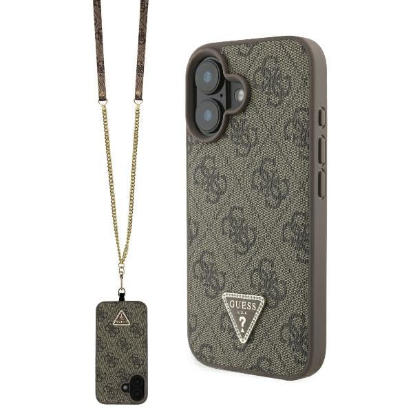 CG Mobile Guess GUHCP16SP4TDSCPW Étui de Protection Rigide en Cuir Marron avec Logo en métal et Strass pour iPhone 16 6,1"