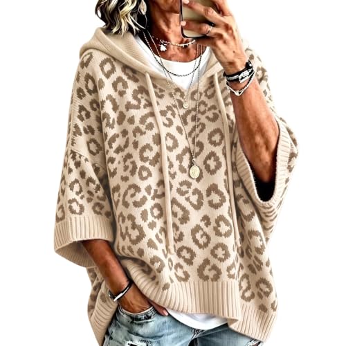 Sweaters for Women Leopard Print Hooded Sweaters 3/4 Sleeve Knit Pullover - image 2