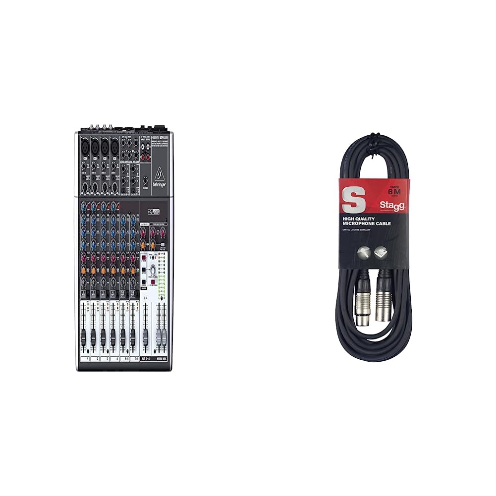 Behringer XENYX 1204USB Mixer Premium a 12 ingressi 2/2 bus con preamplificatori microfonici e compressori & Cavo da microfono a mixer Stagg SMC6 da 6 metri XLR (m) -XLR (f), nero