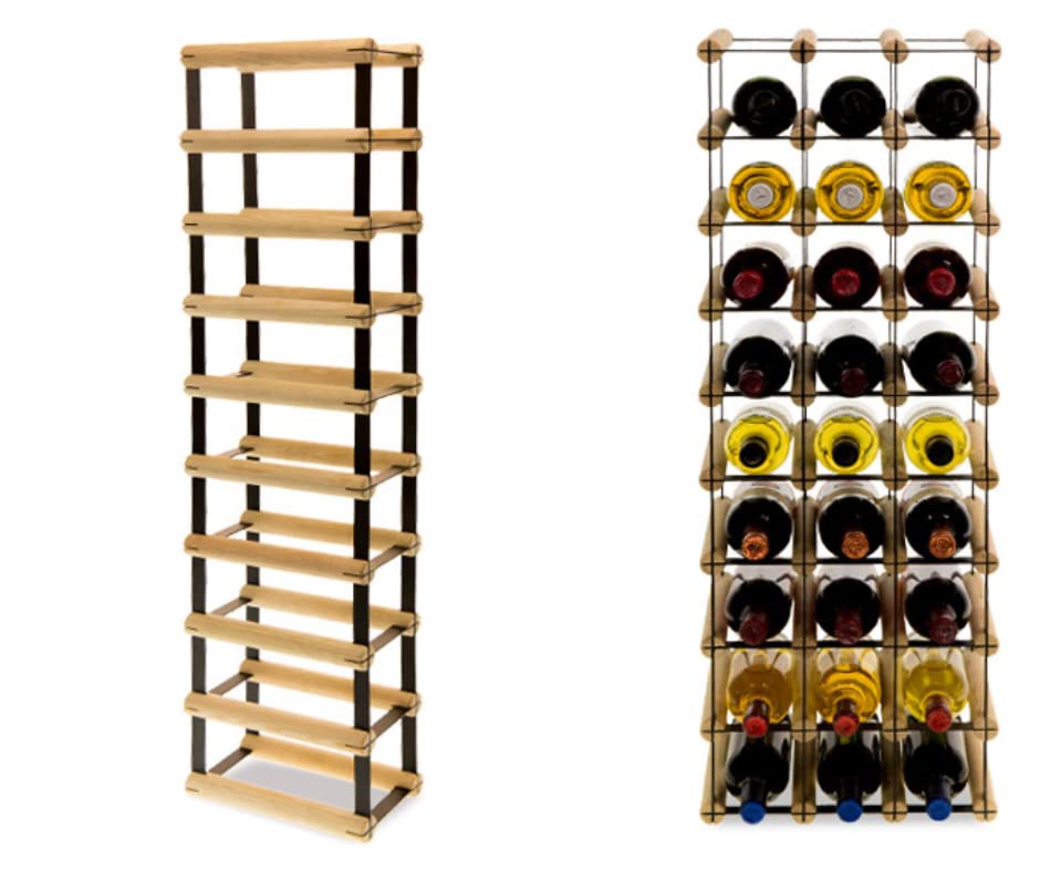 Weinregal aus Metall & Holz für 9 Flaschen, 92,5x12,5x25cm, freistehender Weinständer, Getränkeregal für Wein & PET, Flaschenregal, Flaschenhalter, Industrial, Loft, für Küche Keller, Natur