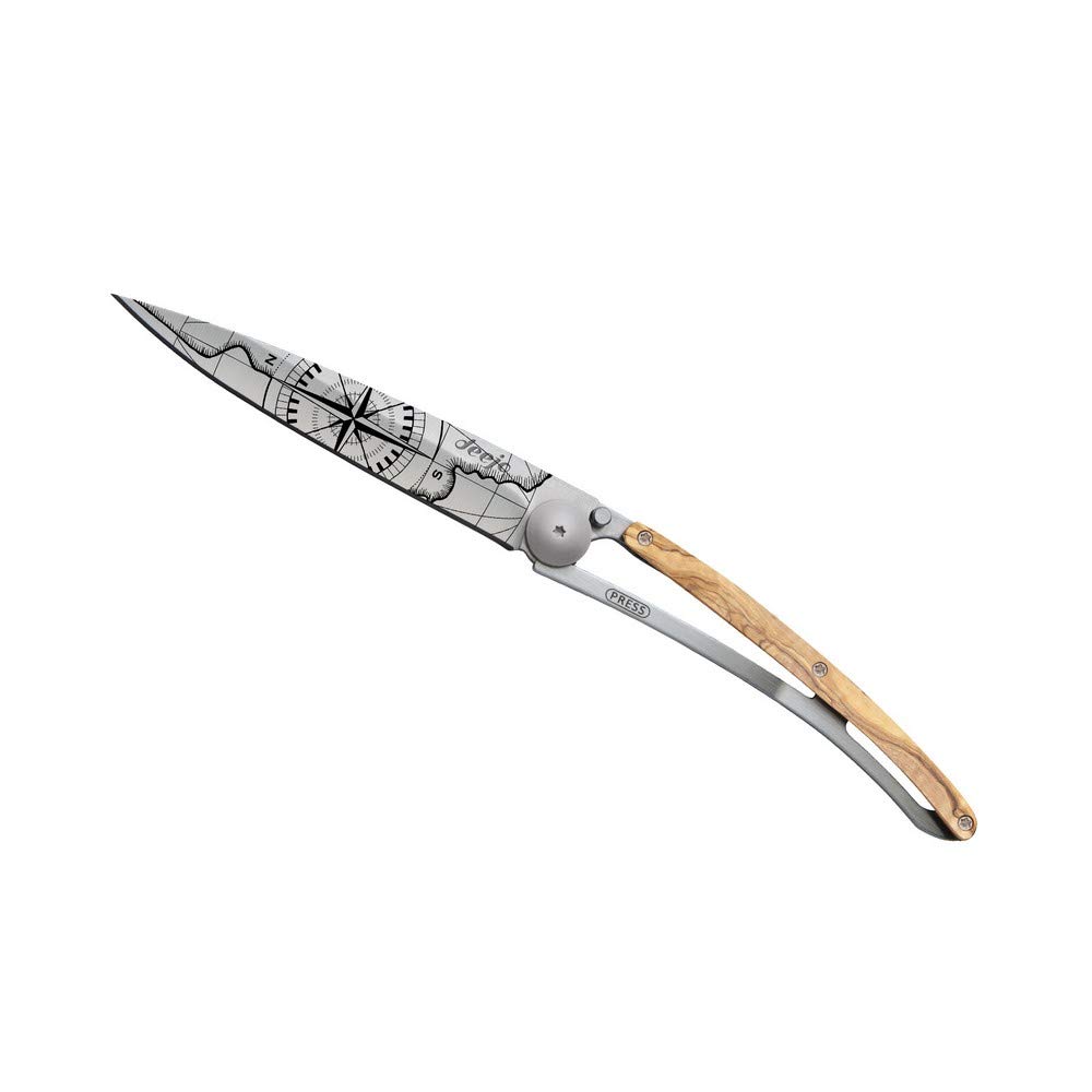 Deejo - Couteau de Poche Pliant 37g - Manche en Bois d’Olivier, Lame en Acier Inoxydable Z40C13 - Motif Terra Incognita - Couteau de Table, Randonnée, Camping, Bivouac