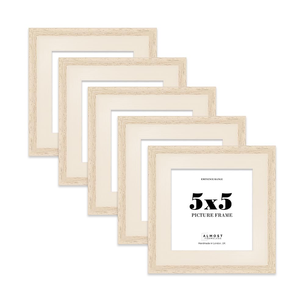 5x5 Oak Picture Frame - Rustic Wood Industrial Effect Photo Frame for Wall Display, Ideal for Posters, Prints & Home Décor, Wall Hooks and Kickstand, 32mm Edge - 5 Pack