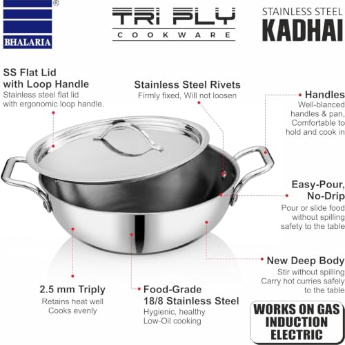Image of Bhalaria Triply Stainless Steel Kadhai with Lid & Handle 28cm 4 Litre |Induction Base Heavy Gauge 3 Layer Body | Deep Fry Pan Wok for Sabzi, Curry & Frying| Food Grade |Gas Compatible |Dishwasher Safe