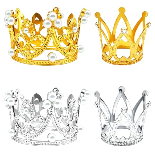 BLMHTWO 4Pcs Crown Cake Topper Gold Silver Small Crown Queen Mini Tiara Cake Decoration for Women Girl Bridal Wedding Royal Themed Decor Birthday Party(2PCS Gold+2PCS Silver)