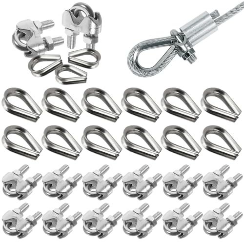 Prmape 24 Pezzi Morsetti per Cavo Acciaio, 12pcs Morsetti per Filo Stendibiancheria 6mm, a Forma di U Morsetti per Fune Metallica e 12pcs Ditale Cavo Acciaio per Fune Metallica 6mm