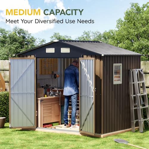 image for Breezz 8x6FT Outdoor Steel Storage Shed with Clear Window, Lockable Do