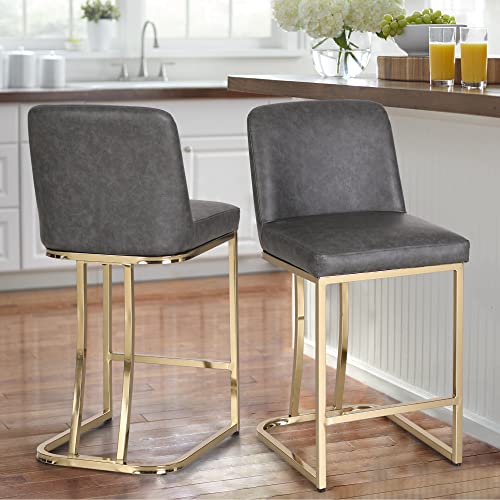 Butacos de Barra Sophia & William, Set de 2 Butacos Modernos con Espaldar, Altura de Barra de 24 Pulgadas, para Isla de Cocina, Tapizados en Cuero Sintético Gris y Dorado miniatura 1