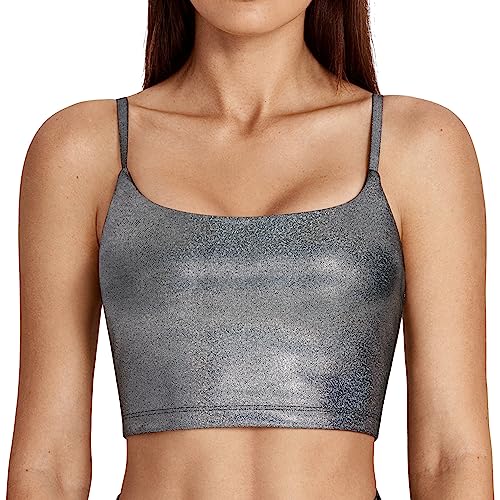 LIEBERGO Sports Bras for Women Padded Long Line Crop Tops Workout Tops for Women Sequin Crop Top Tank Tops Cute Faux Leather Galaxy Silver Small