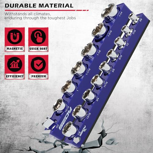 2-Piece 1/2"-Drive SAE Magnetic Socket Organizer Set (Holds 16 Sockets) - Detachable Tool Tray with 5mm Magnetic Base, Screw-Fixed Design & Heavy-Duty Modular Storage for Garage/Home Workshop