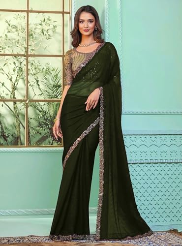 Image of Women's Bollywood Heavy Sequins Embroidery Work Georgette Saree with Unstitched Blouse