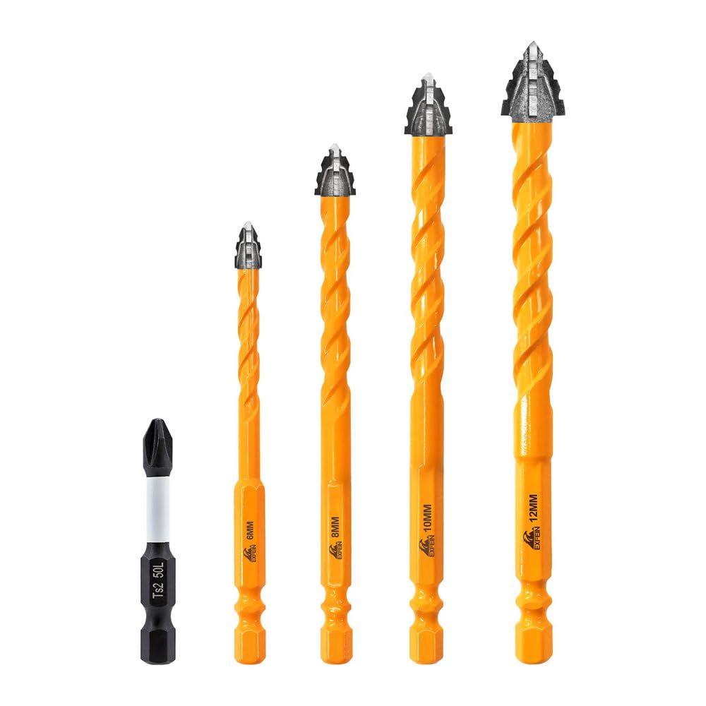 Upgraded Masonry Drill Bits Set 6/8/10/12mm, EXFEIN Serrated Drill Bits Set - 4-Piece Carbide Drill Bits and 1 Piece Magnetic Screwdriver Bit for Wood Plastic Tile Concrete Brick Marble
