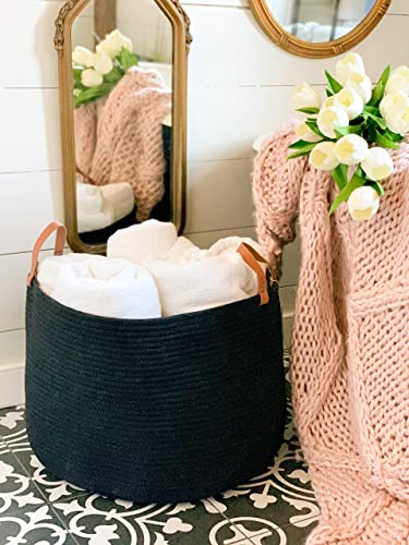 Organihaus Black Baskets For Organizing 20X13 | Large Blanket Basket For Living Room | Toy Storage Basket For Kids | Cotton Rope Basket W/Handles | Large Basket For Blankets | Large Storage Basket #TOP3