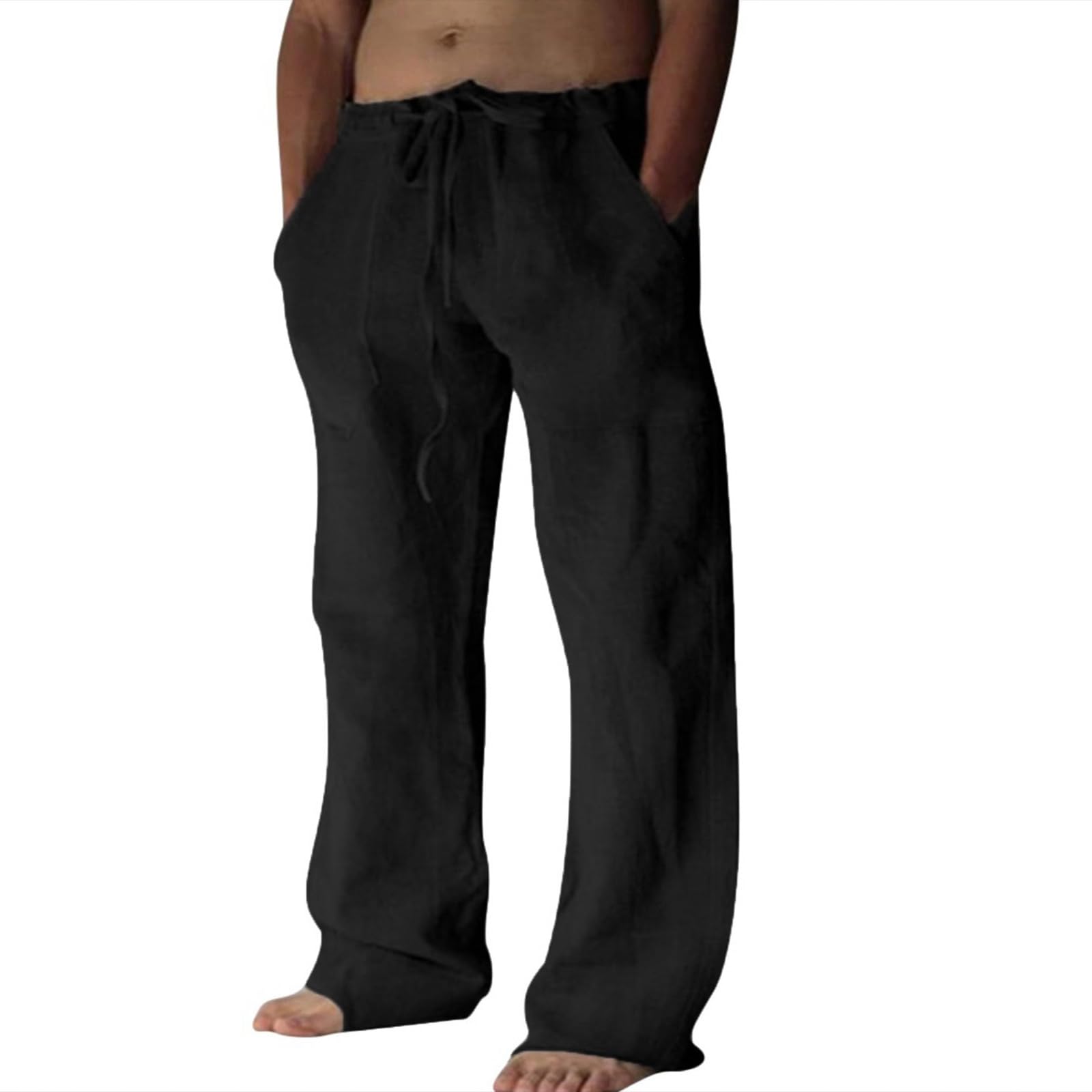 Cotton Linen Pants Men Casual Loose Fit Elastic Drawstring Waist Summer Beach Pants