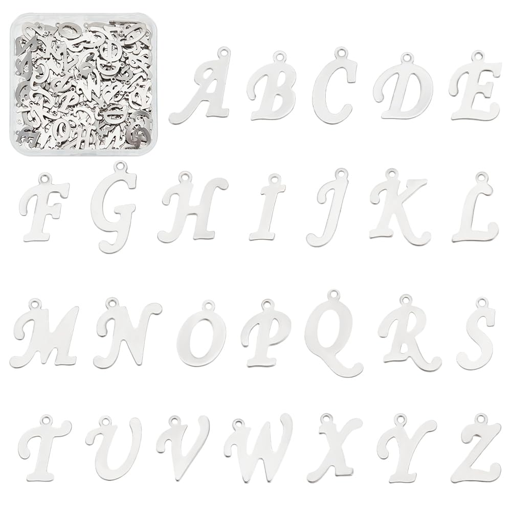 UNICRAFTALEUNICRAFTALE 208pcs Alphabet Metal Charm Stainless Steel Charms Pendant Metal A-Z Letter Pendants 1mm Small Hole Charms for Necklaces Key Chain Jewelry Making(8 pcs for Each Letter), 13-18mm, Stainless